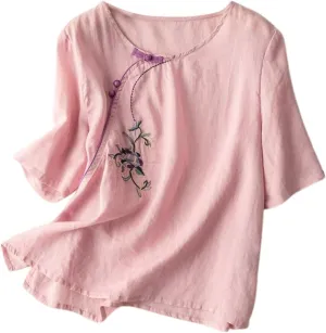 Women's Linen Shirts V-Neck Embroidered Blouse Collared Dress Tshirt Long Sleeve Loose Fit Shirts