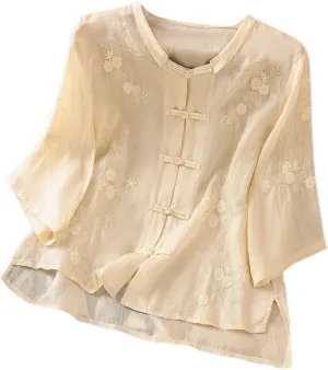 Women's Linen Shirts V-Neck Embroidered Blouse Collared Dress Tshirt Long Sleeve Loose Fit Shirts