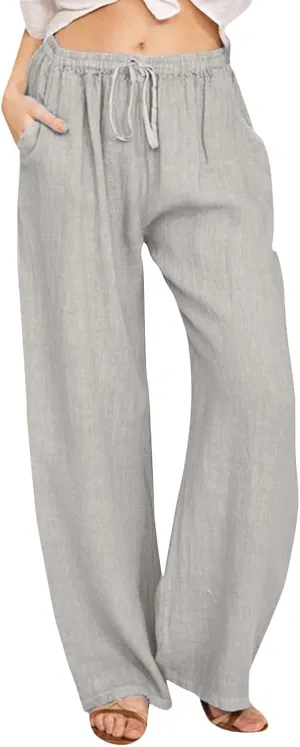 Women's Linen Summer Palazzo Pants Flowy Wide Leg Beach Pants Elastic High Waisted Button Trousers with Pocket