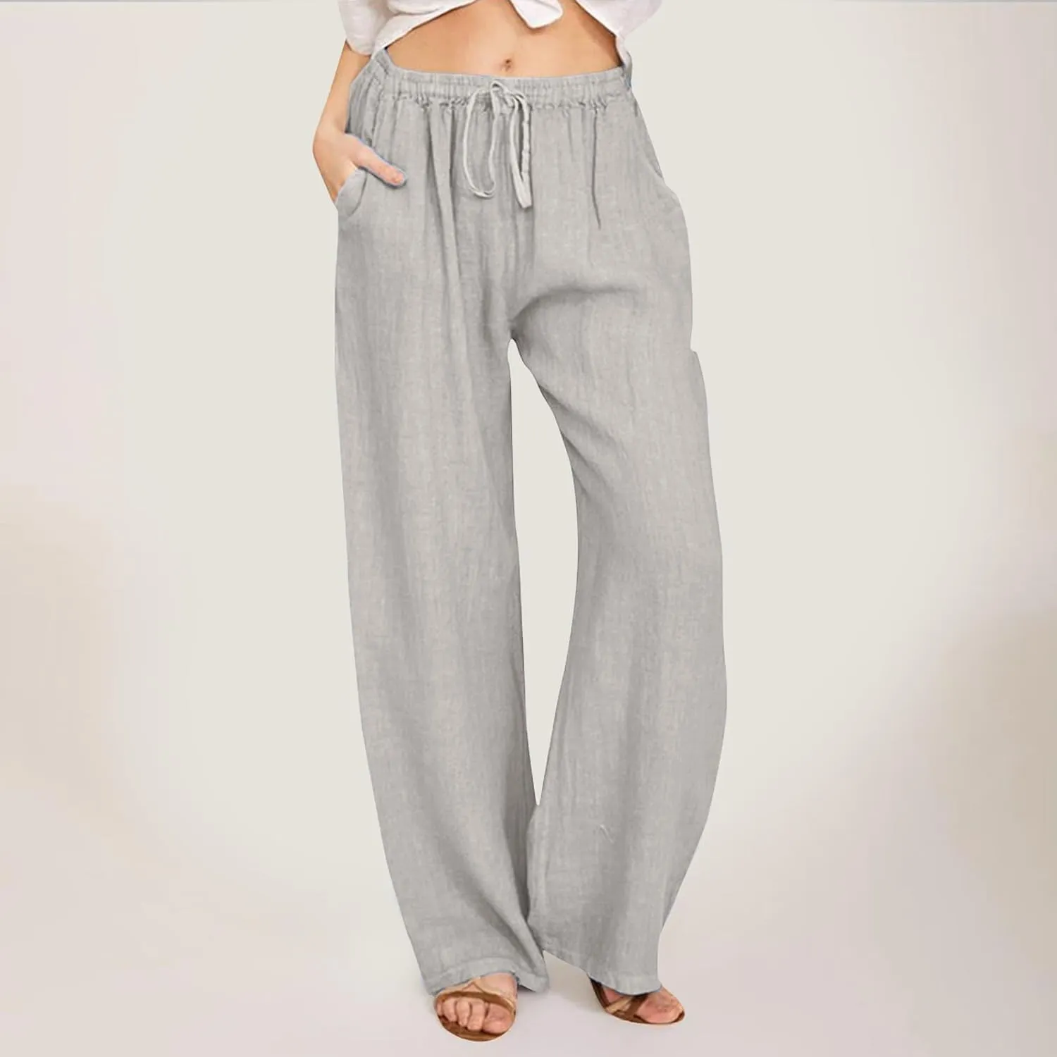 Women's Linen Summer Palazzo Pants Flowy Wide Leg Beach Pants Elastic High Waisted Button Trousers with Pocket