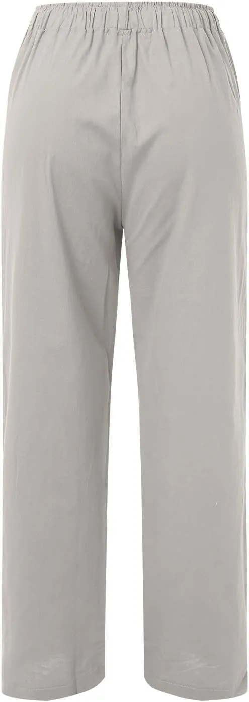Women's Linen Summer Palazzo Pants Flowy Wide Leg Beach Pants Elastic High Waisted Button Trousers with Pocket