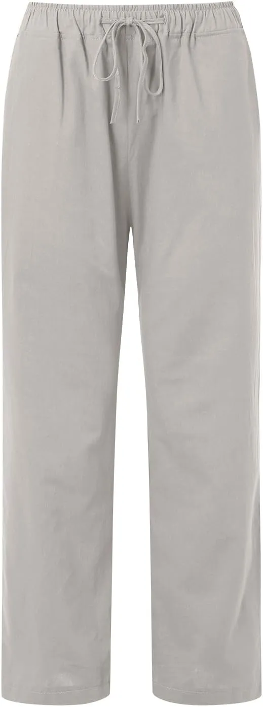 Women's Linen Summer Palazzo Pants Flowy Wide Leg Beach Pants Elastic High Waisted Button Trousers with Pocket