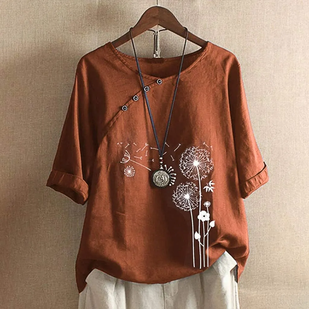 Women's Linen Summer Shirts Plus Size Tops Short Sleeve Floral Blouses Loose Fit Tunic Tops Soft Tshirts for Vacation