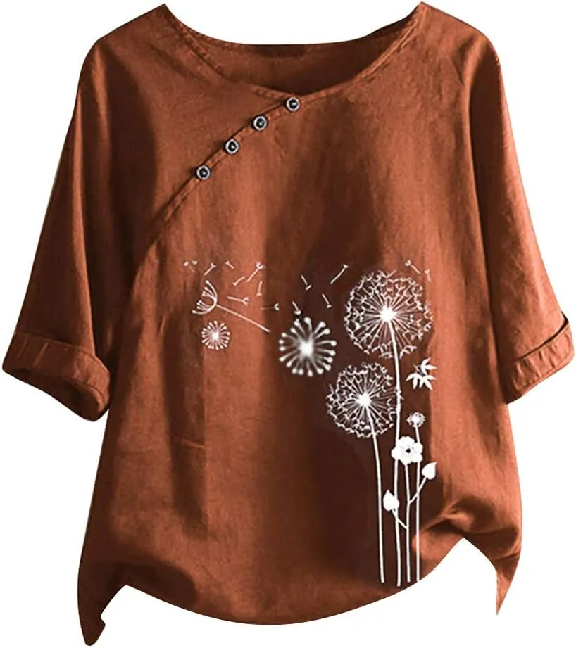 Women's Linen Summer Shirts Plus Size Tops Short Sleeve Floral Blouses Loose Fit Tunic Tops Soft Tshirts for Vacation