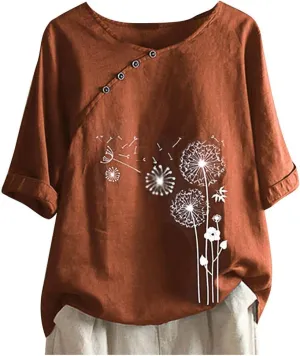 Women's Linen Summer Shirts Plus Size Tops Short Sleeve Floral Blouses Loose Fit Tunic Tops Soft Tshirts for Vacation