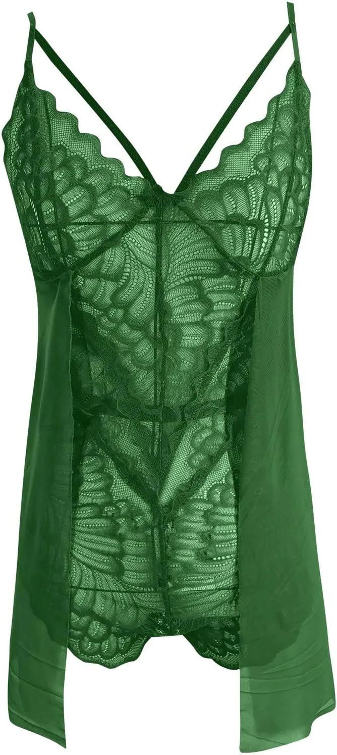 Womens Lingerie Sexy Babydoll Bra and Knickers Set Deep V Push Up Bobystocking Nightwear Negligees