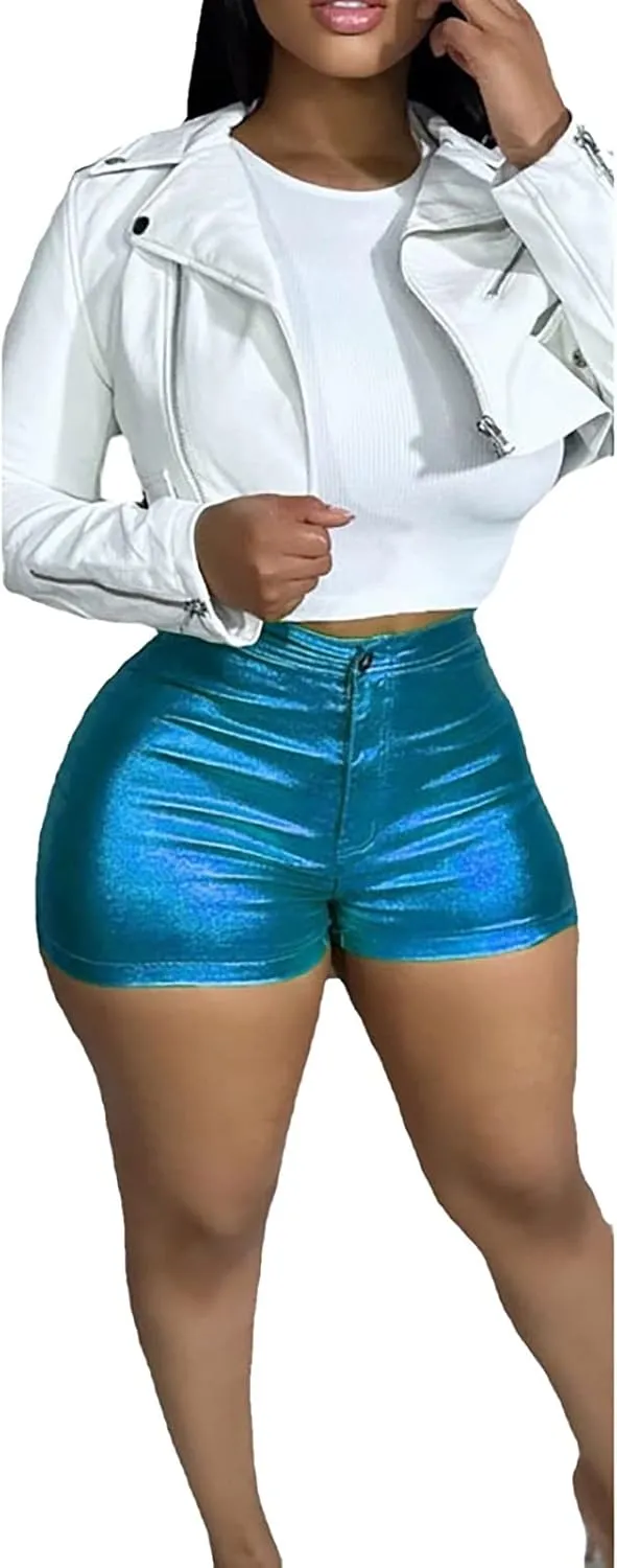 Women's Metallic Rave Shorts Sparkly Shiny Faux Leather Sexy High Waisted Bottoms Dance Concert Sexy Short Hot Pants