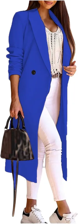 Women's Notch Lapel Wool Blend Trench Coat One Button Mid Long Pea Coat Solid Dressy Casual Business Regular Overcoats