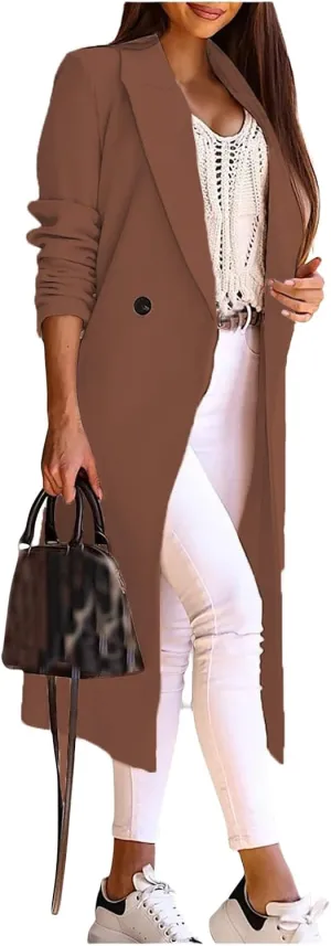 Women's Notch Lapel Wool Blend Trench Coat One Button Mid Long Pea Coat Solid Dressy Casual Business Regular Overcoats