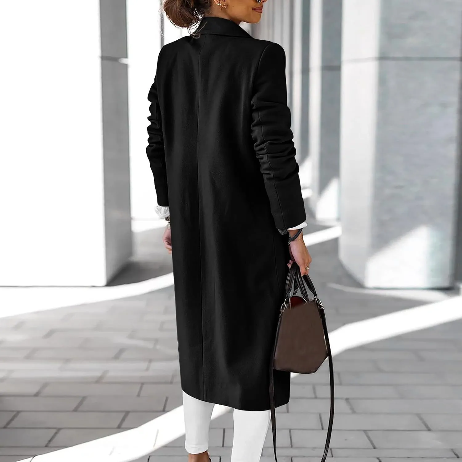 Women's Notch Lapel Wool Blend Trench Coat One Button Mid Long Pea Coat Solid Dressy Casual Business Regular Overcoats