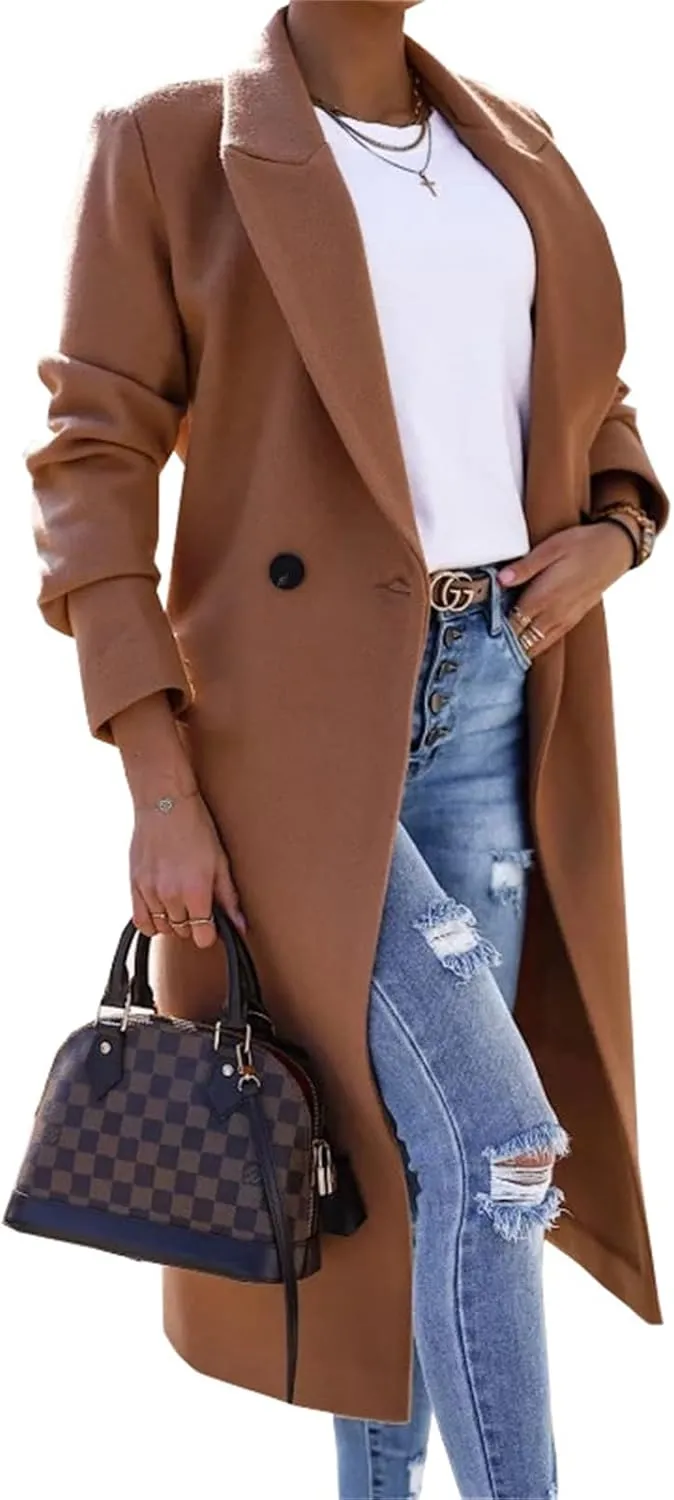 Women's Notch Lapel Wool Blend Trench Coat One Button Mid Long Pea Coat Solid Dressy Casual Business Regular Overcoats