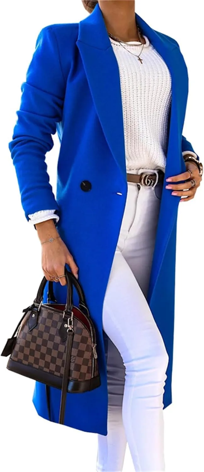 Women's Notch Lapel Wool Blend Trench Coat One Button Mid Long Pea Coat Solid Dressy Casual Business Regular Overcoats