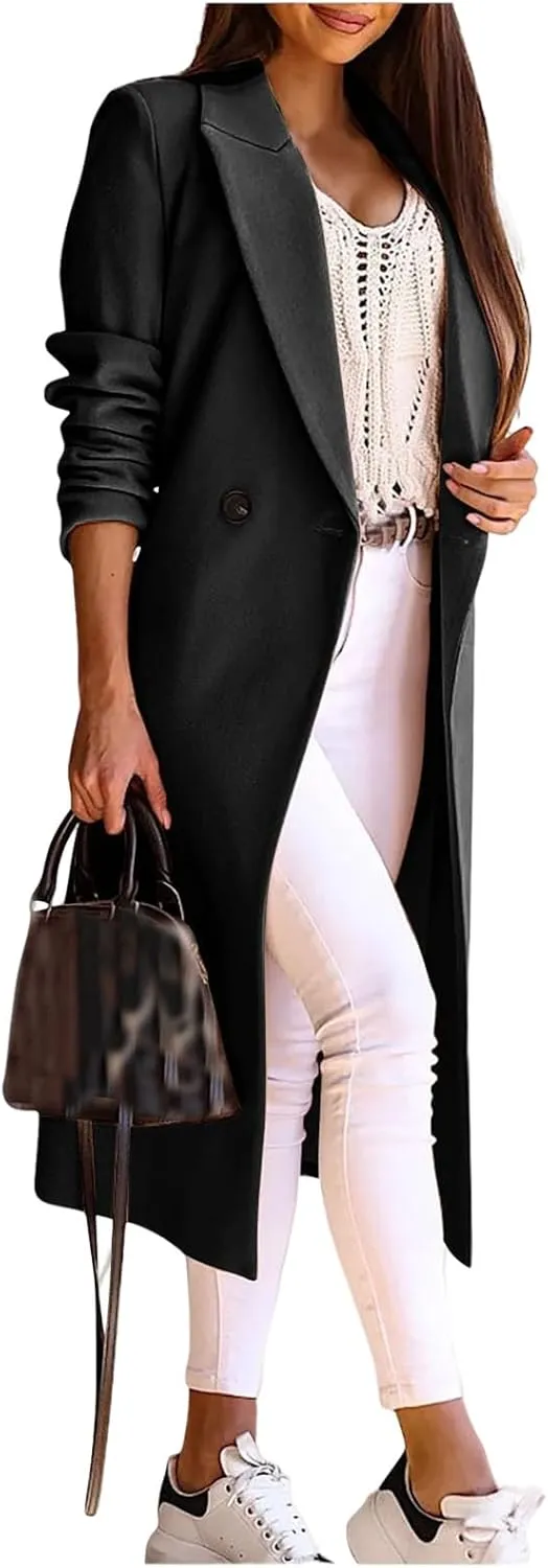 Women's Notch Lapel Wool Blend Trench Coat One Button Mid Long Pea Coat Solid Dressy Casual Business Regular Overcoats