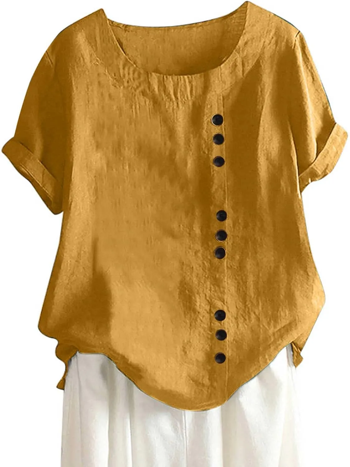 Women's Plus Size Cotton Linen T-Shirts Crewneck Short Sleeve Tunic Tops Casual Loose Blouse Summer Button Down Shirt