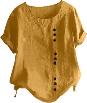 Women's Plus Size Cotton Linen T-Shirts Crewneck Short Sleeve Tunic Tops Casual Loose Blouse Summer Button Down Shirt