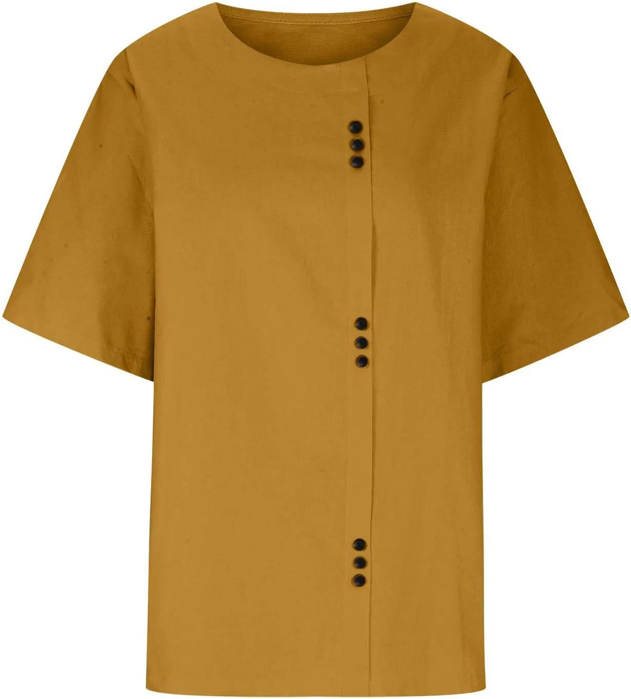 Women's Plus Size Cotton Linen T-Shirts Crewneck Short Sleeve Tunic Tops Casual Loose Blouse Summer Button Down Shirt