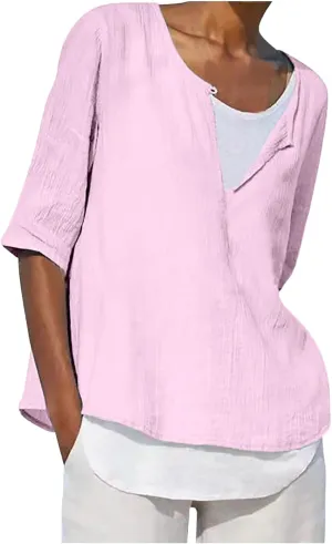 Women's Plus Size Linen Shirts V Neck Summer Tops 3/4 Sleeve Casual Blouses Loose Fit Tunic Tops Solid Comfy Tshirts