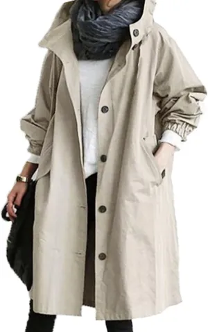 Womens Plus Size Long Hooded Trench Coat Fall Long Sleeve Single-Breasted Open Front Softshell Windbreaker Jackets