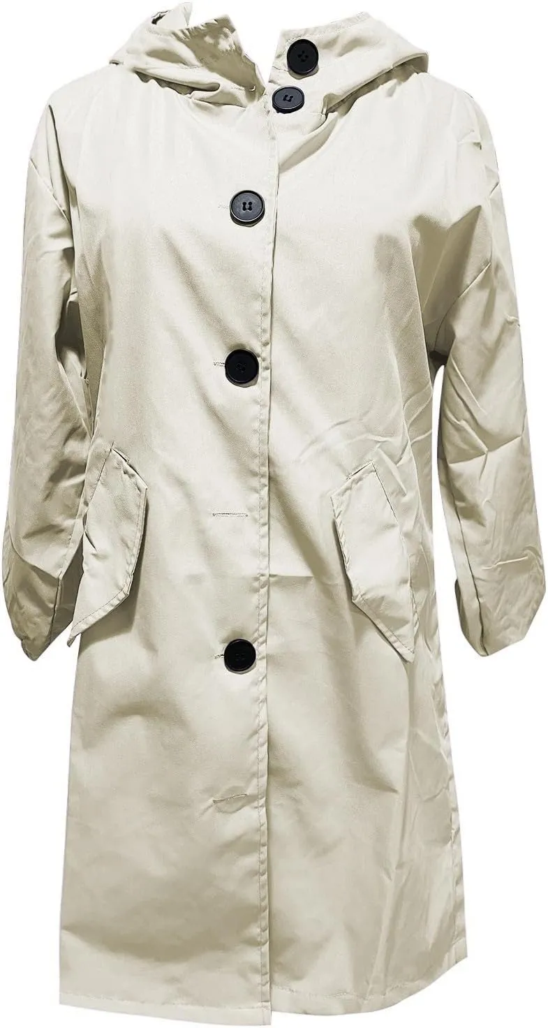 Womens Plus Size Long Hooded Trench Coat Fall Long Sleeve Single-Breasted Open Front Softshell Windbreaker Jackets