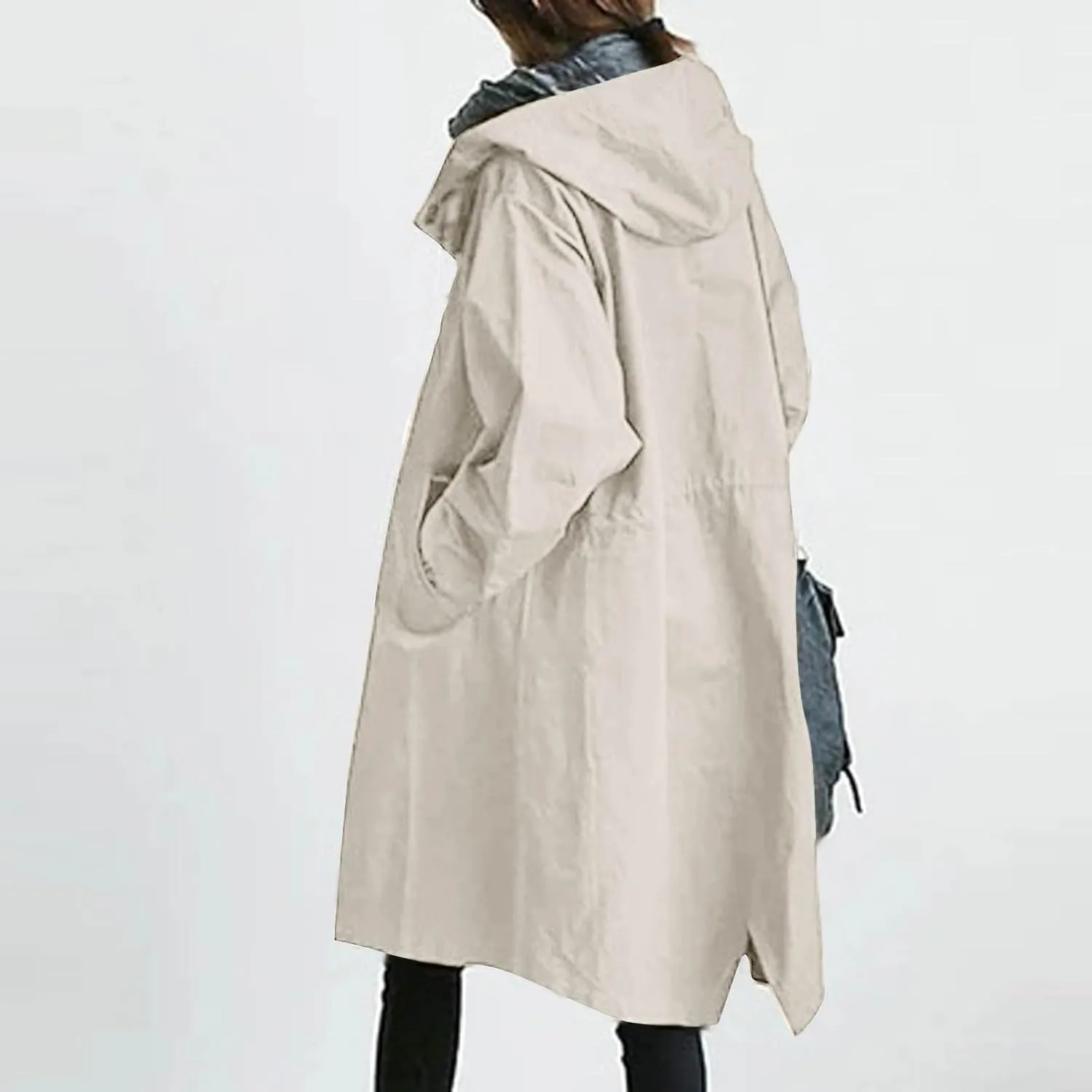 Womens Plus Size Long Hooded Trench Coat Fall Long Sleeve Single-Breasted Open Front Softshell Windbreaker Jackets
