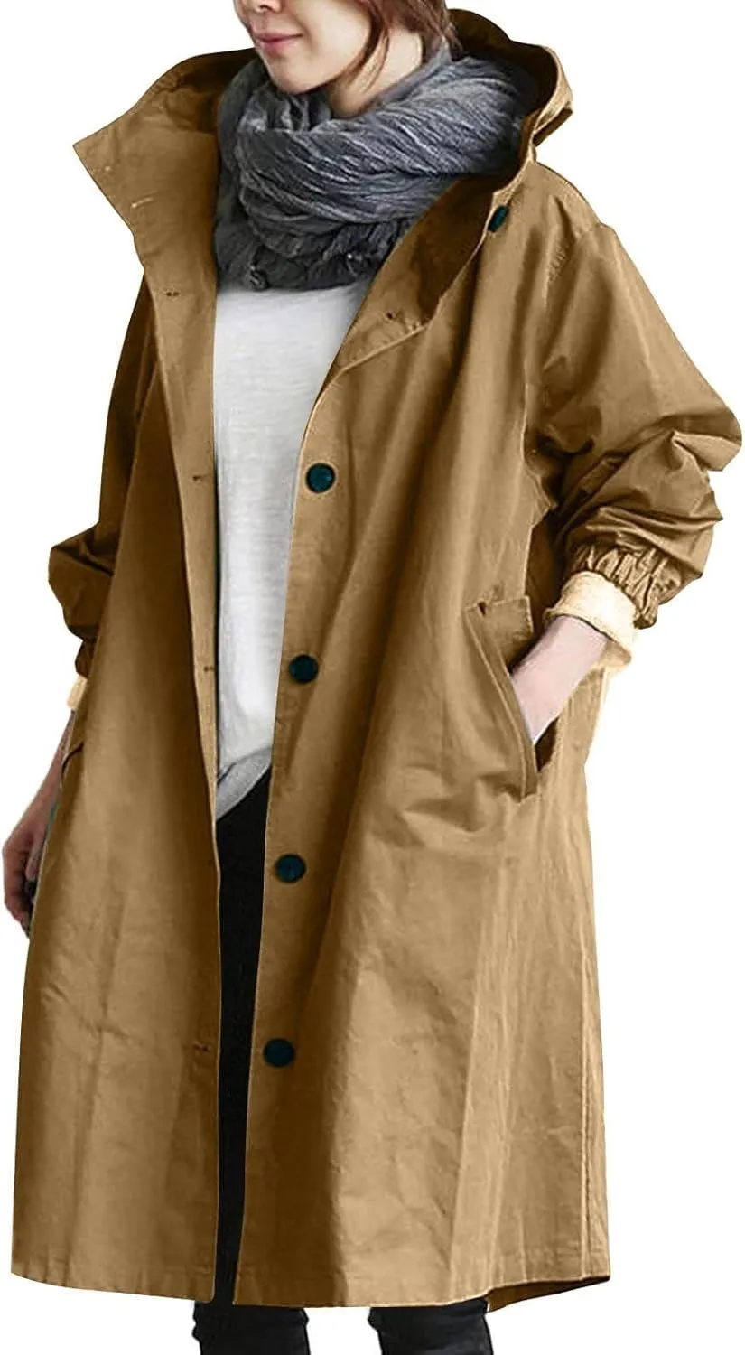 Womens Plus Size Long Hooded Trench Coat Fall Long Sleeve Single-Breasted Open Front Softshell Windbreaker Jackets