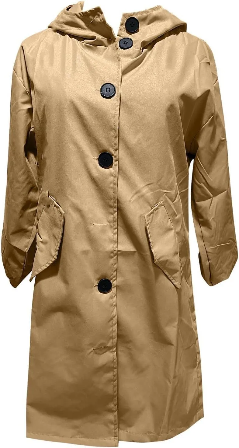 Womens Plus Size Long Hooded Trench Coat Fall Long Sleeve Single-Breasted Open Front Softshell Windbreaker Jackets
