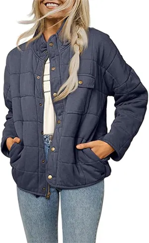 Women's Puffer Jacket Oversized Diamond Quilted Jackets Lightweight Lapel Button Down Padded Coat Warm Outwear Pockets