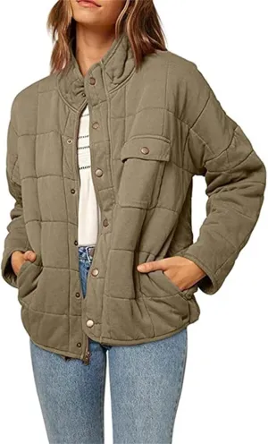 Women's Puffer Jacket Oversized Diamond Quilted Jackets Lightweight Lapel Button Down Padded Coat Warm Outwear Pockets