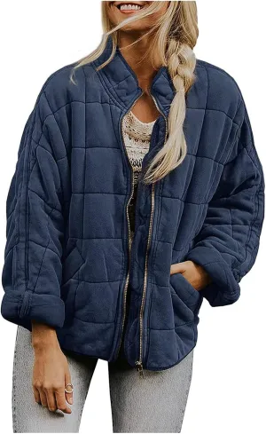 Women's Puffer Jacket Oversized Diamond Quilted Jackets Lightweight Lapel Button Down Padded Coat Warm Outwear Pockets