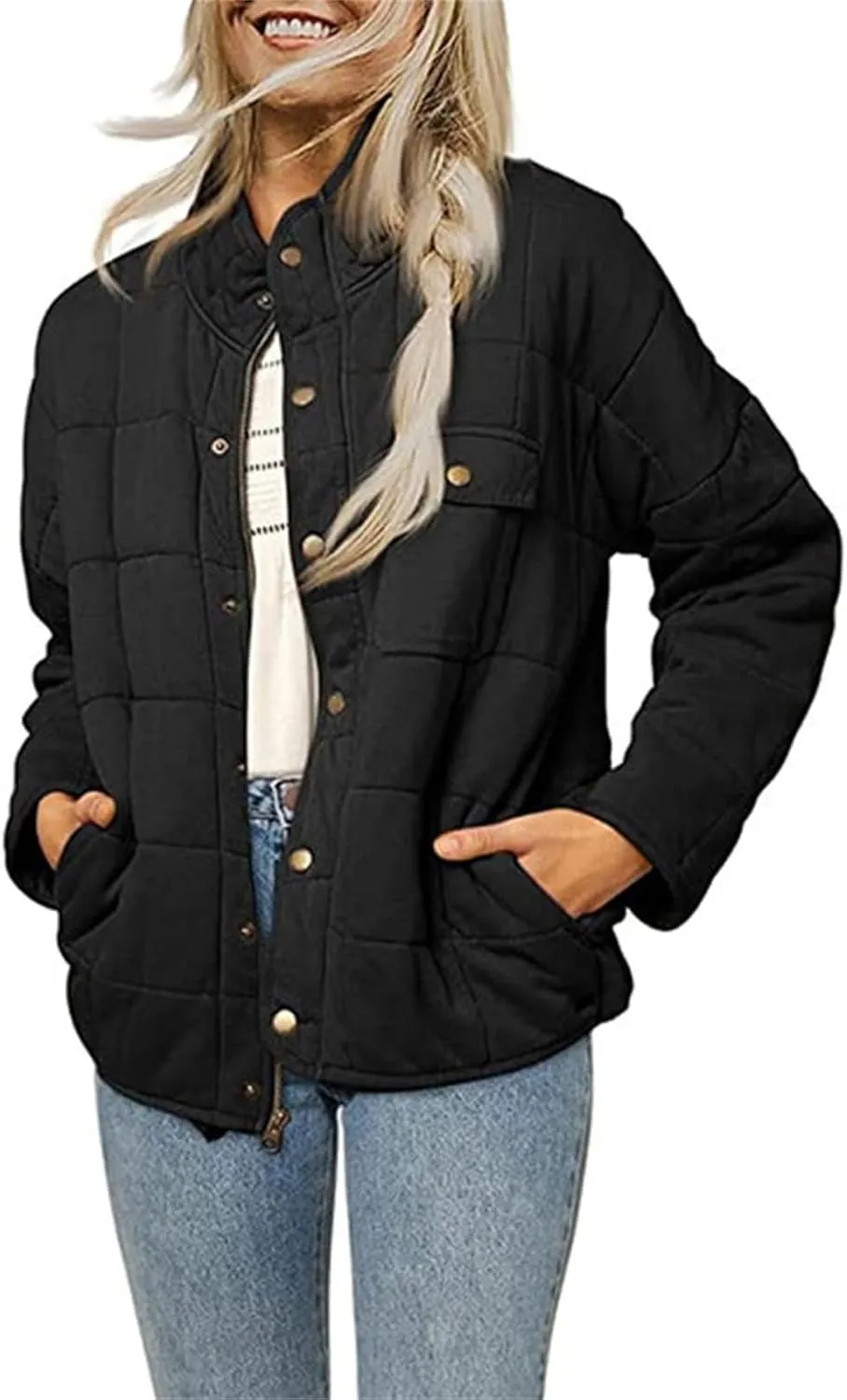 Women's Puffer Jacket Oversized Diamond Quilted Jackets Lightweight Lapel Button Down Padded Coat Warm Outwear Pockets