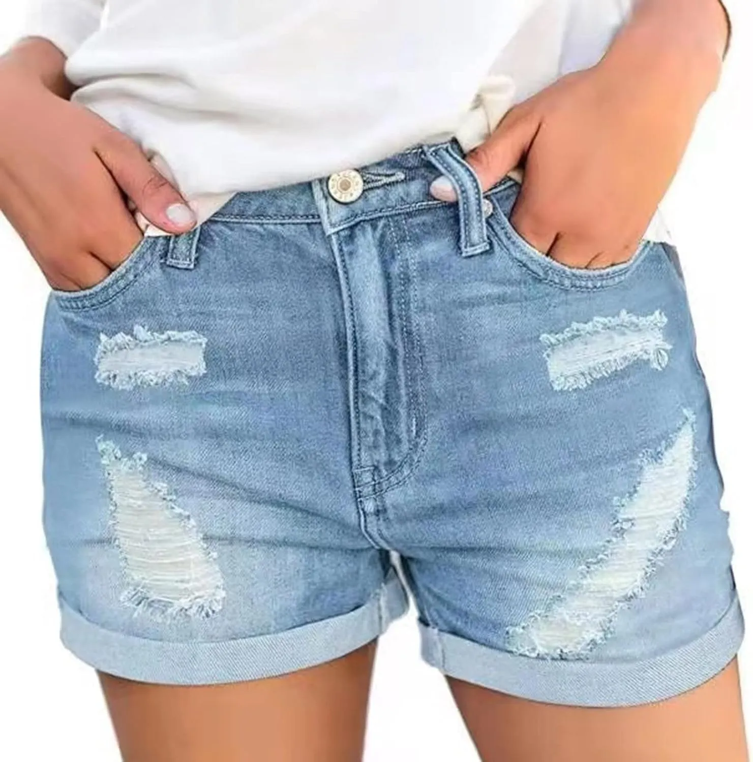 Women's Ripped Denim Shorts High Waisted Stretchy Cuffed Hem Jean Shorts Summer Trendy Short Pants with Pockets