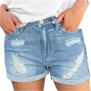 Women's Ripped Denim Shorts High Waisted Stretchy Cuffed Hem Jean Shorts Summer Trendy Short Pants with Pockets