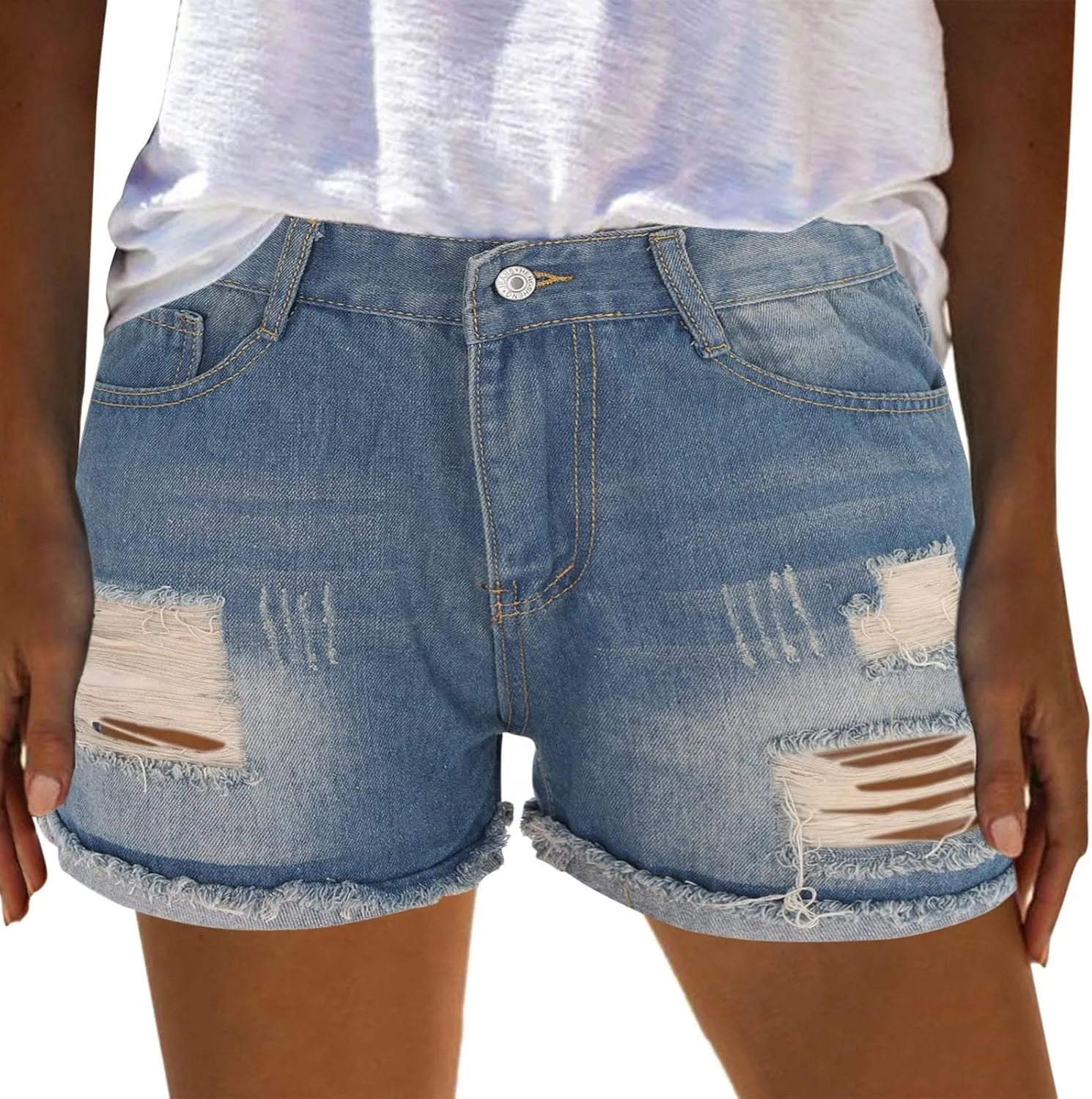 Womens Ripped Denim Shorts Mid Rise Stretchy Distressed Jean Shorts Casual Trendy Frayed Raw Hem Summer Mini Shorts