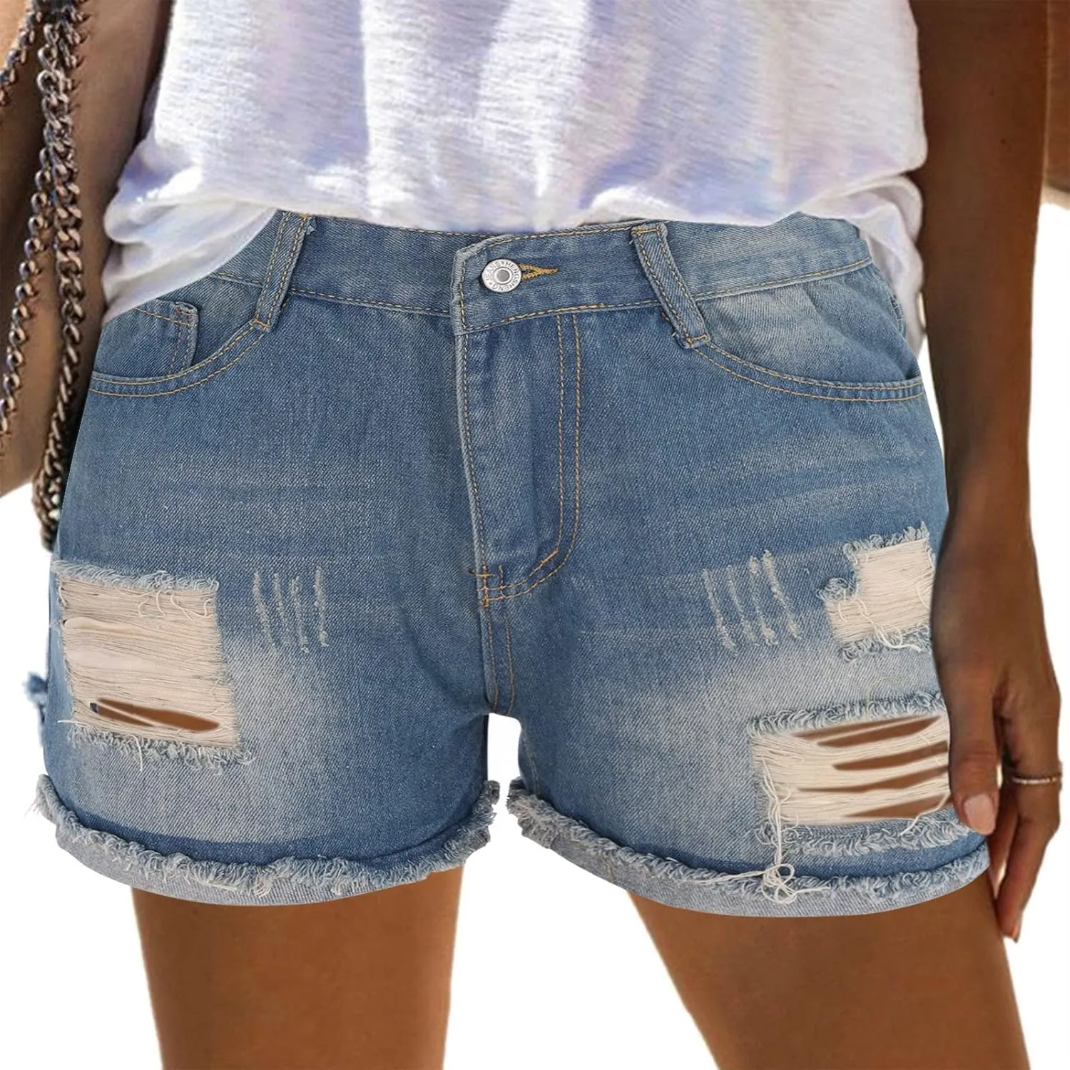 Womens Ripped Denim Shorts Mid Rise Stretchy Distressed Jean Shorts Casual Trendy Frayed Raw Hem Summer Mini Shorts
