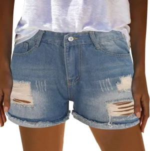 Womens Ripped Denim Shorts Mid Rise Stretchy Distressed Jean Shorts Casual Trendy Frayed Raw Hem Summer Mini Shorts