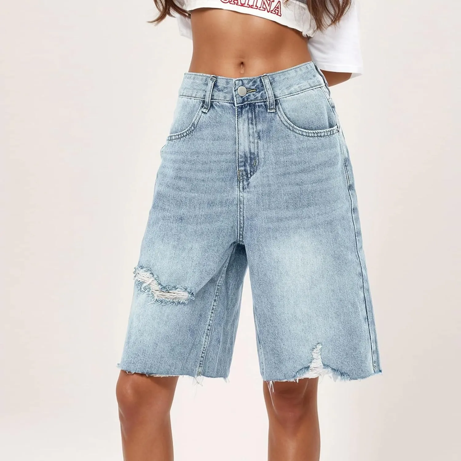Women's Ripped Jeans Shorts High Waisted Casual Loose Boyfriend Summer Denim Shorts Knee Length Baggy Jorts with Pockets