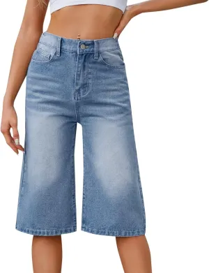 Women's Ripped Jeans Shorts High Waisted Casual Loose Boyfriend Summer Denim Shorts Knee Length Baggy Jorts with Pockets