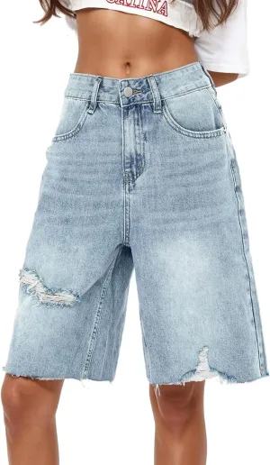 Women's Ripped Jeans Shorts High Waisted Casual Loose Boyfriend Summer Denim Shorts Knee Length Baggy Jorts with Pockets