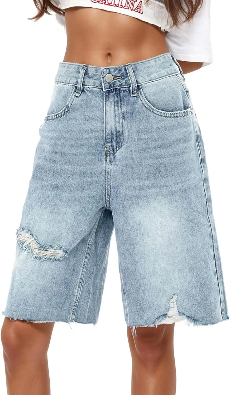 Women's Ripped Jeans Shorts High Waisted Casual Loose Boyfriend Summer Denim Shorts Knee Length Baggy Jorts with Pockets