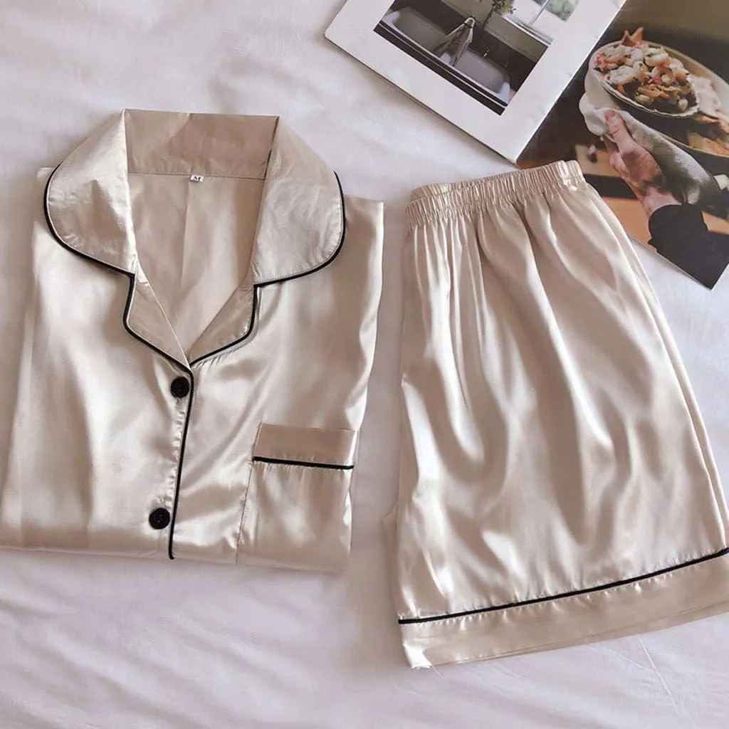 Women's Satin Pajamas Set Short Sleeve Button Down Collared Sleepwear Soft Silk Loungewear Sleepwear Pjs Shorts Set