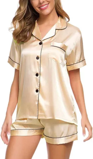 Women's Satin Pajamas Set Short Sleeve Button Down Collared Sleepwear Soft Silk Loungewear Sleepwear Pjs Shorts Set
