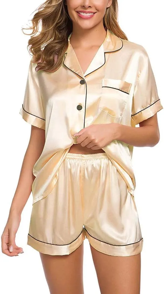 Women's Satin Pajamas Set Short Sleeve Button Down Collared Sleepwear Soft Silk Loungewear Sleepwear Pjs Shorts Set