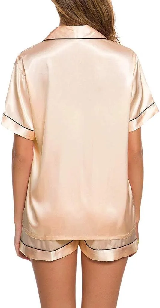 Women's Satin Pajamas Set Short Sleeve Button Down Collared Sleepwear Soft Silk Loungewear Sleepwear Pjs Shorts Set