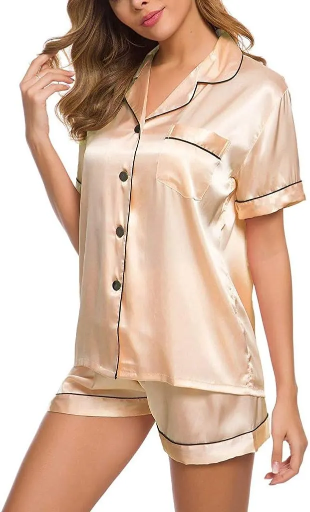 Women's Satin Pajamas Set Short Sleeve Button Down Collared Sleepwear Soft Silk Loungewear Sleepwear Pjs Shorts Set