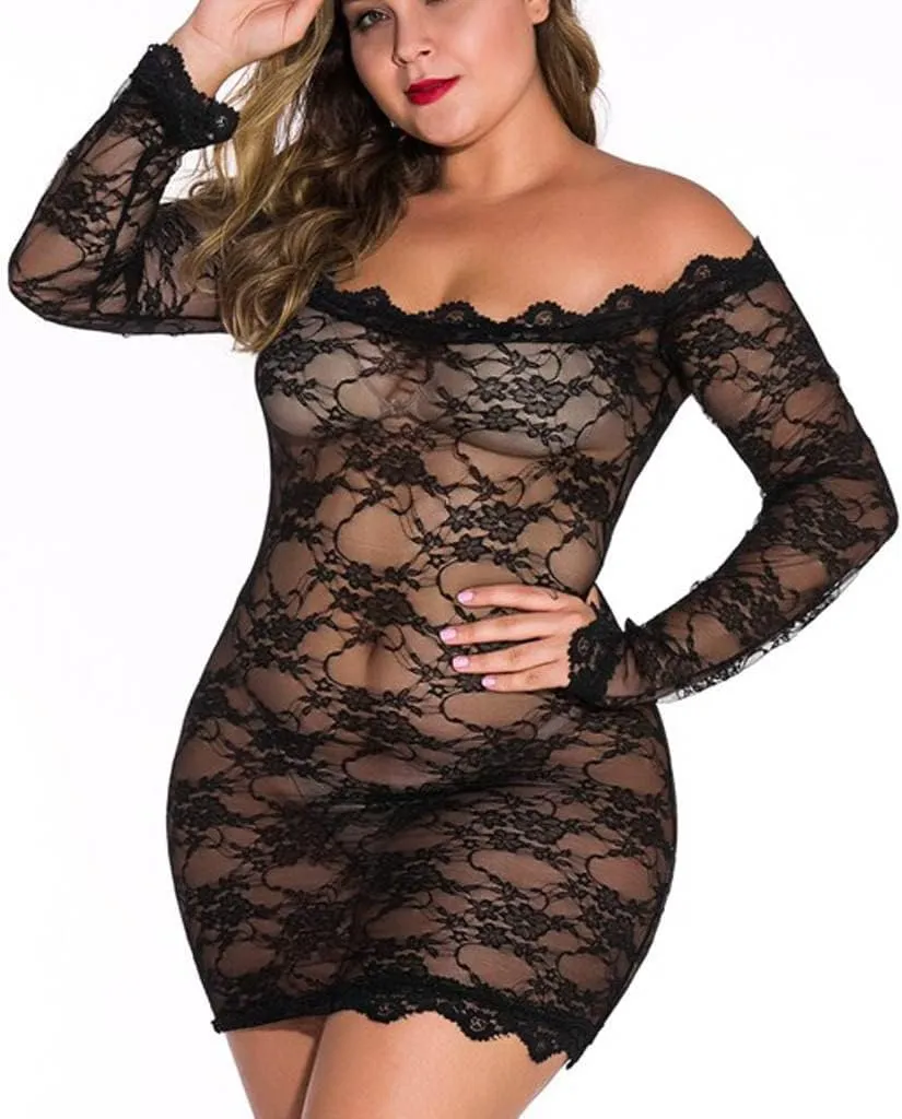 Women's Sexy Lingerie Lace Chemise Babydoll Nightie Wasit Mesh Plus Size Bodysuit Bow Tie Nightwear