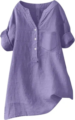 Women's Short Sleeve Cotton Linen Shirts Casual V Neck Soft T Shirts Floral Loose Fit Summer Tshirts