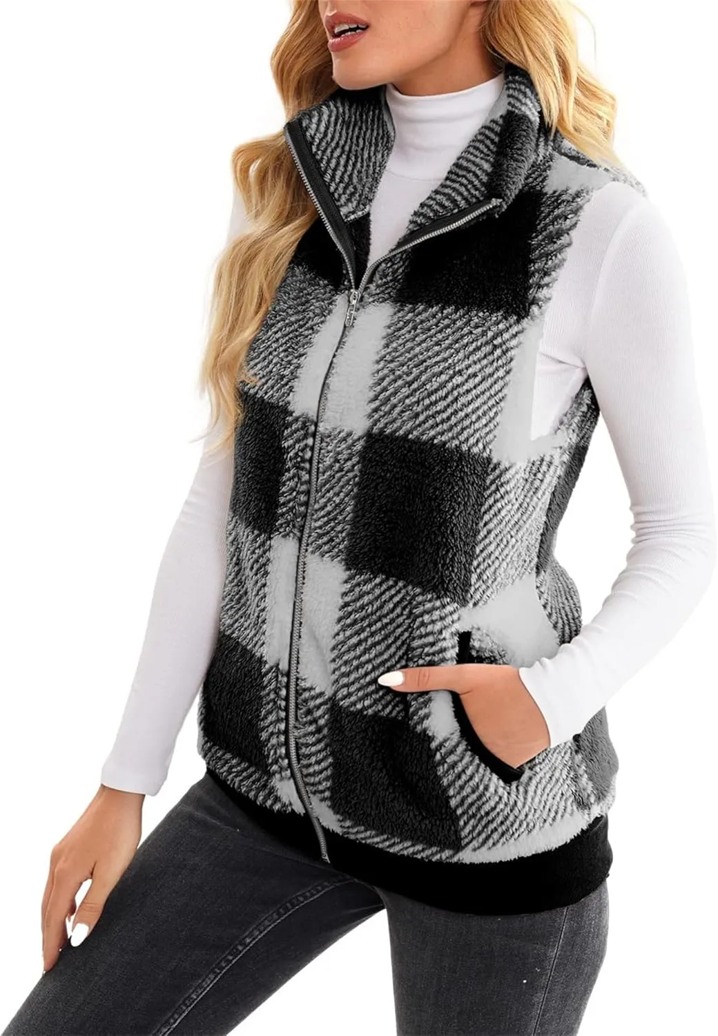 Womens Sleeveless Sherpa Vest Casual Open Front Fleece Cardigan Sweaters Plaid Fuzzy Jackets 2023 Fall Coat Pockets