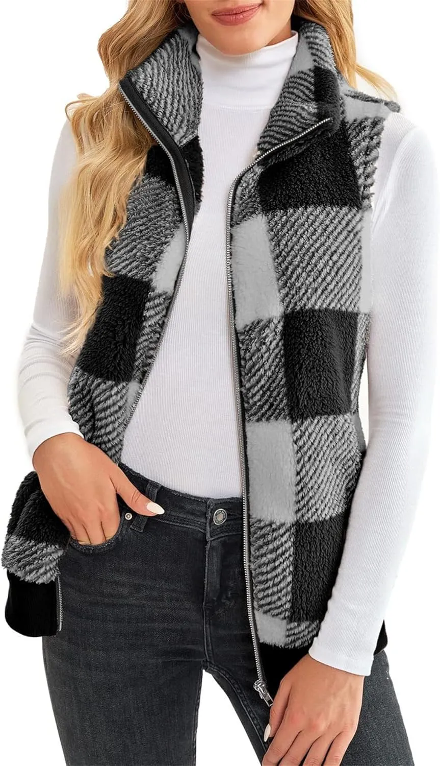 Womens Sleeveless Sherpa Vest Casual Open Front Fleece Cardigan Sweaters Plaid Fuzzy Jackets 2023 Fall Coat Pockets