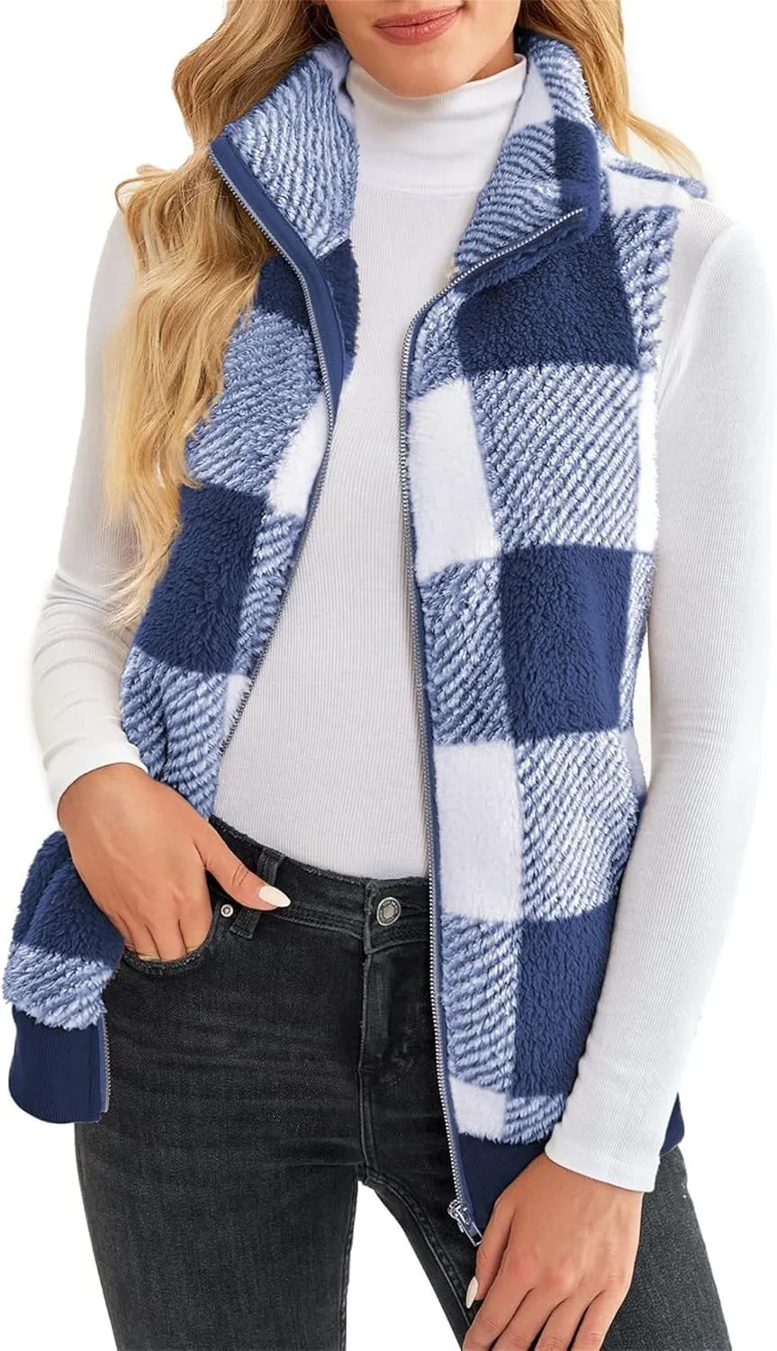 Womens Sleeveless Sherpa Vest Casual Open Front Fleece Cardigan Sweaters Plaid Fuzzy Jackets 2023 Fall Coat Pockets