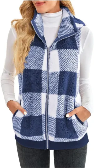 Womens Sleeveless Sherpa Vest Casual Open Front Fleece Cardigan Sweaters Plaid Fuzzy Jackets 2023 Fall Coat Pockets